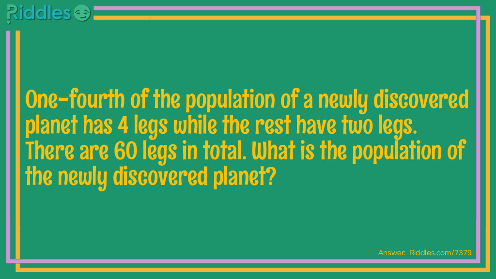 One-fourth of the population of a newly discovered planet has 4 legs while the rest have two legs. There are 60 legs in total. What is the population of the newly discovered planet?