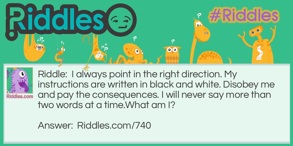 I always point in the right direction. My instructions are written in black and white. Disobey me and pay the consequences. I will never say more than two words at a time.
What am I?