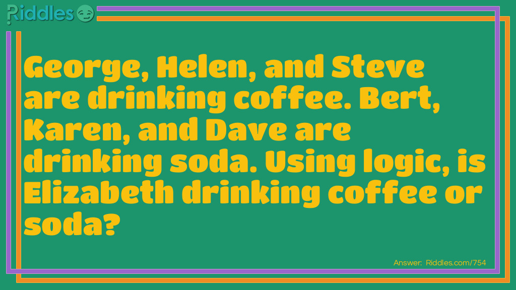 5 Logic Puzzles: George, Helen, and Steve are drinking coffee. Bert, Karen, and Dave are drinking soda. Using logic, is Elizabeth drinking coffee or soda? Answer: Elizabeth is drinking coffee. The letter E appears twice in her name, as it does in the names of the others that are drinking coffee.