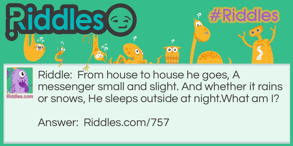 Riddle: From house to house he goes, A messenger small and slight. And whether it rains or snows, He sleeps outside at night.
What am I? Answer: A Street or Road.