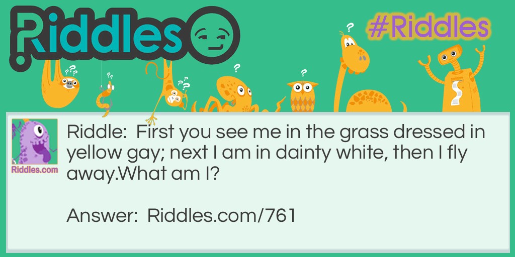 Riddle: First, you see me in the grass dressed in yellow gay; next, I am in dainty white, then I fly away. 
What am I? Answer: I am a Dandelion.