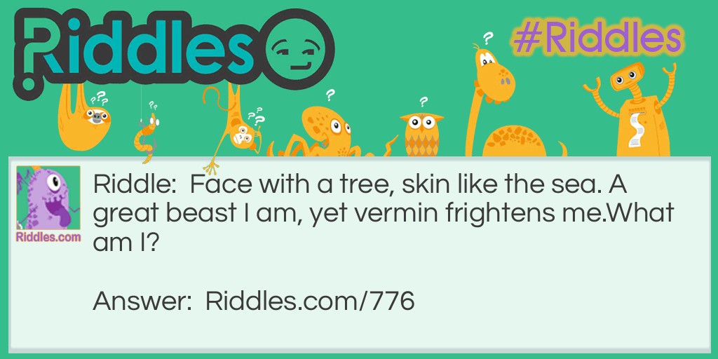 Riddle: Face with a tree, skin like the sea. A great beast I am, yet vermin frightens me.
What am I? Answer: An Elephant.