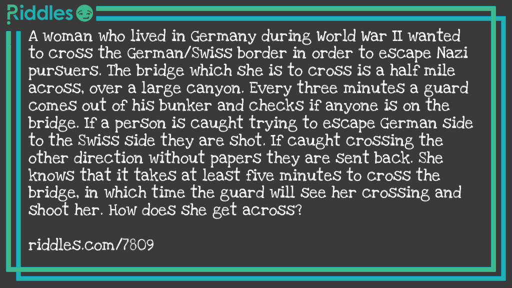 Riddle: A woman who lived in Germany during World War II wanted to cross the German/Swiss border in order to escape Nazi pursuers. The bridge which she is to cross is a half mile across, over a large canyon. Every three minutes a guard comes out of his bunker and checks if anyone is on the bridge. If a person is caught trying to escape German side to the Swiss side they are shot. If caught crossing the other direction without papers they are sent back. She knows that it takes at least five minutes to cross the bridge, in which time the guard will see her crossing and shoot her. How does she get across? Answer: She waits until the guard is inside his hut, then walks halfway across before starting to walk back. The guard, seing she has no papers, sends her "back".