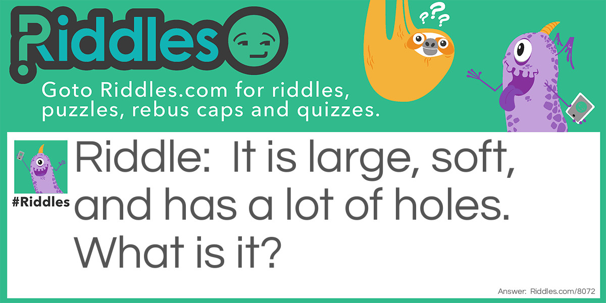 Riddle: It is large, soft, and has a lot of holes. What is it? Answer: A big sponge.