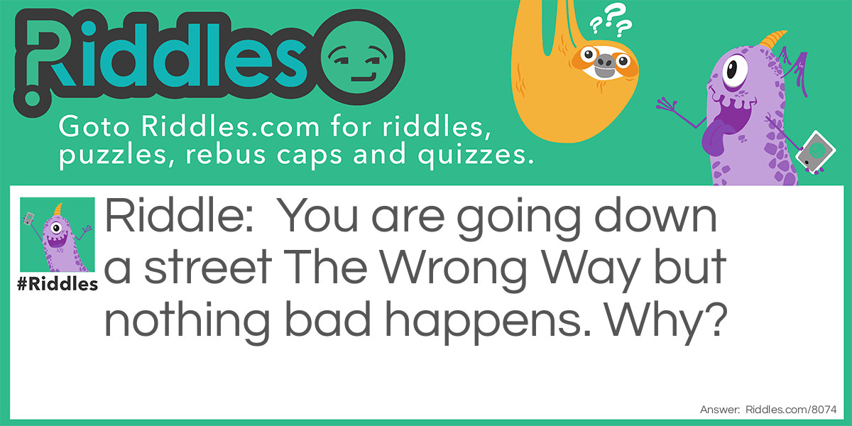 Riddle: You are going down a street The Wrong Way but nothing bad happens. Why? Answer: The street was called The Wrong Way.