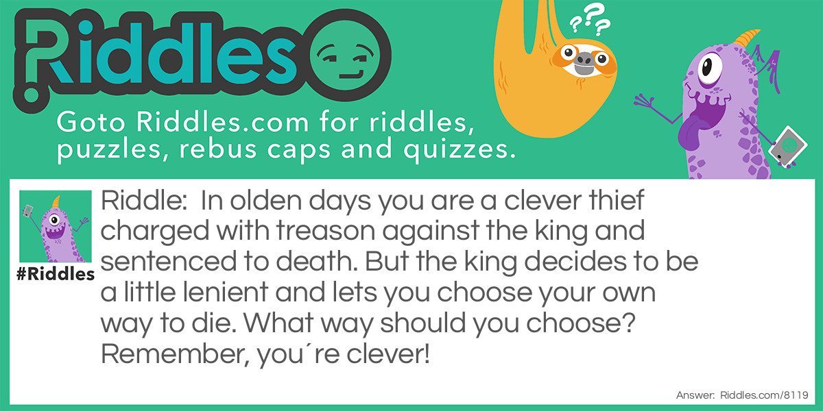 In olden days you are a clever thief charged with treason against the king and sentenced to death. But the king decides to be a little lenient and lets you choose your own way to die. What way should you choose? Remember, you´re clever!