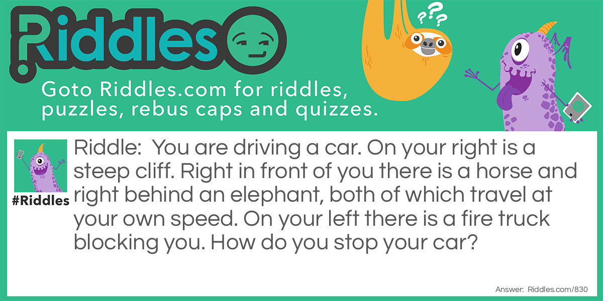 You are driving a car. On your right is a steep cliff. Right in front of you there is a horse and right behind an elephant, both of which travel at your own speed. On your left there is a fire truck blocking you. How do you stop your car?