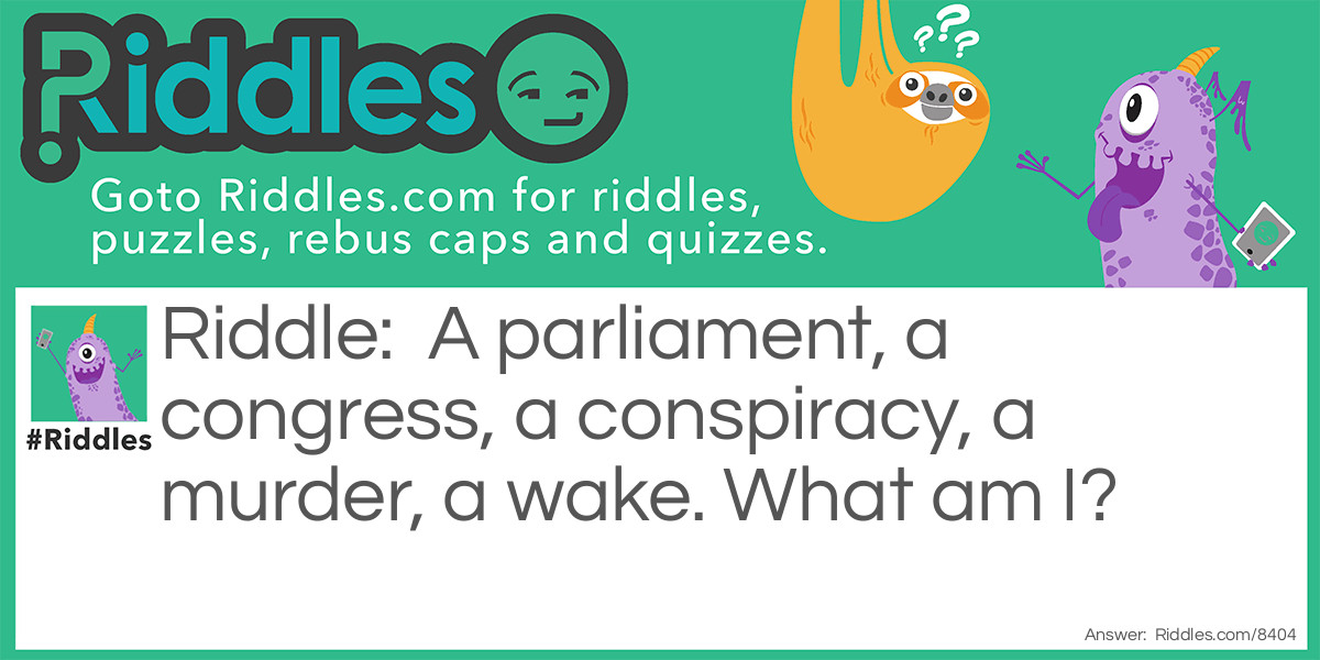 A parliament, a congress, a conspiracy, a murder, a wake. What am I?