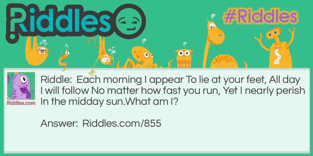 Riddle: Each morning I appear To lie at your feet, All day I will follow No matter how fast you run, Yet I nearly perish In the midday sun.
What am I? Answer: I am your shadow.