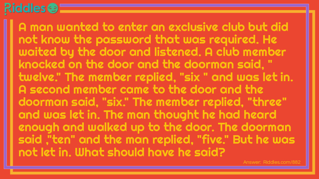 Best Riddles: A man wanted to enter an exclusive club but did not know the password that was required. He waited by the door and listened. A club member knocked on the door and the doorman said, "twelve." The member replied, "six " and was let in. A second member came to the door and the doorman said, "six." The member replied, "three" and was let in. The man thought he had heard enough and walked up to the door. The doorman said ,"ten" and the man replied, "five." But he was not let in. What should have he said? Riddle Meme.