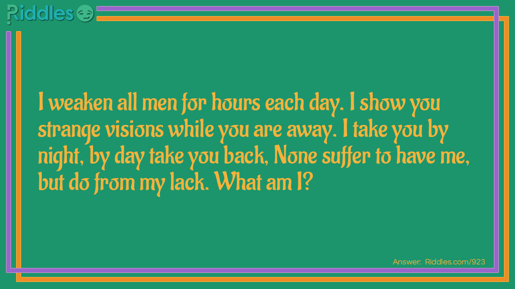 Click to see riddle I weaken all men for hours each day. I show you strange visions while you are away... answer.