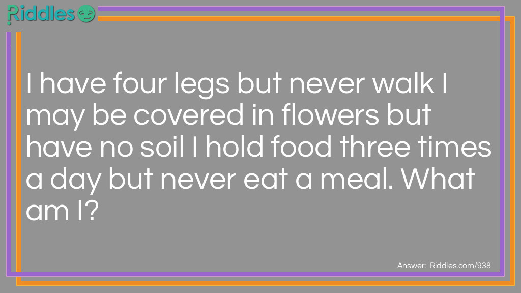 I have four legs but never walk I may be covered in flowers but have no soil I hold food three times a day but never eat a meal. 
What am I?