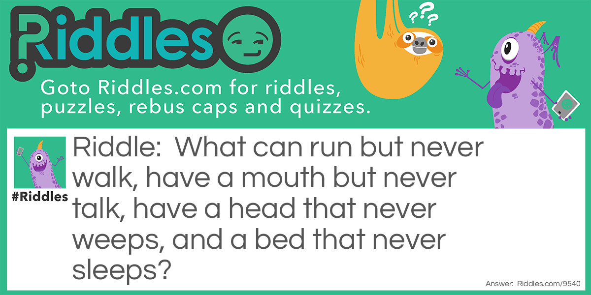 What can run but never walk, have a mouth but never talk, have a head that never weeps, and a bed that never sleeps?