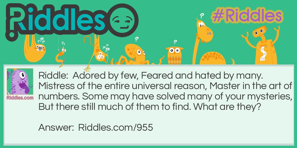Math Riddles: Adored by few, Feared and hated by many. Mistress of the entire universal reason, Master in the art of numbers. Some may have solved many of your mysteries, But there still much of them to find. What are they? Riddle Meme.