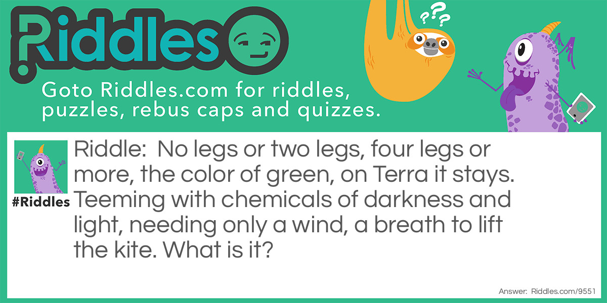 Riddle: No legs or two legs, four legs or more, the color of green, on Terra it stays. Teeming with chemicals of darkness and light, needing only a wind, a breath to lift the kite. What is it? Answer: Life.