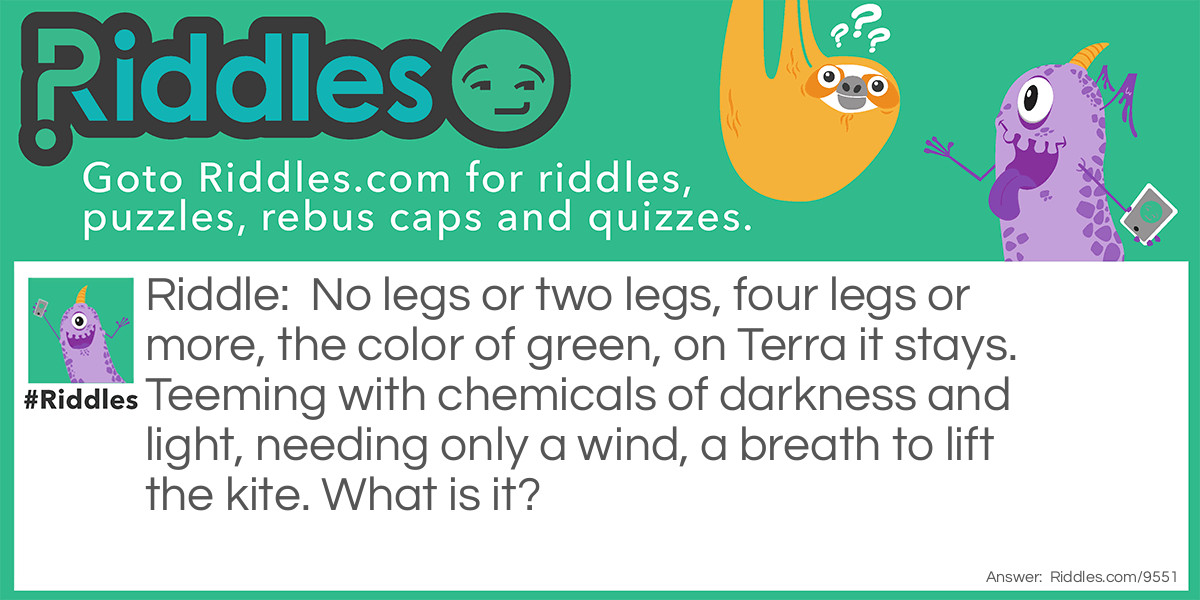 No legs or two legs, four legs or more, the color of green, on Terra it stays. Teeming with chemicals of darkness and light, needing only a wind, a breath to lift the kite. What is it?