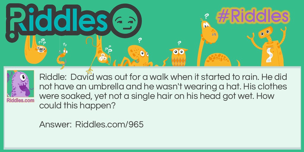 Riddle: David was out for a walk when it started to rain. He did not have an umbrella and he wasn't wearing a hat. His clothes were soaked, yet not a single hair on his head got wet. How could this happen? Answer: David is BALD.