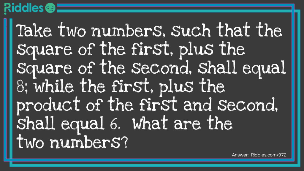 Take two numbers, such that the square of the first, plus the square of the second, shall equal 8; while the first, plus the product of the first and second, shall equal 6. What are the two numbers? Riddle Meme.