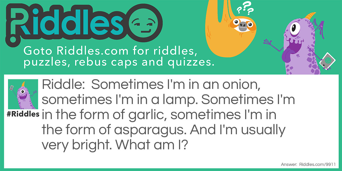 Riddle: Sometimes I'm in an onion, sometimes I'm in a lamp. Sometimes I'm in the form of garlic, sometimes I'm in the form of asparagus. And I'm usually very bright. What am I? Answer: A bulb.