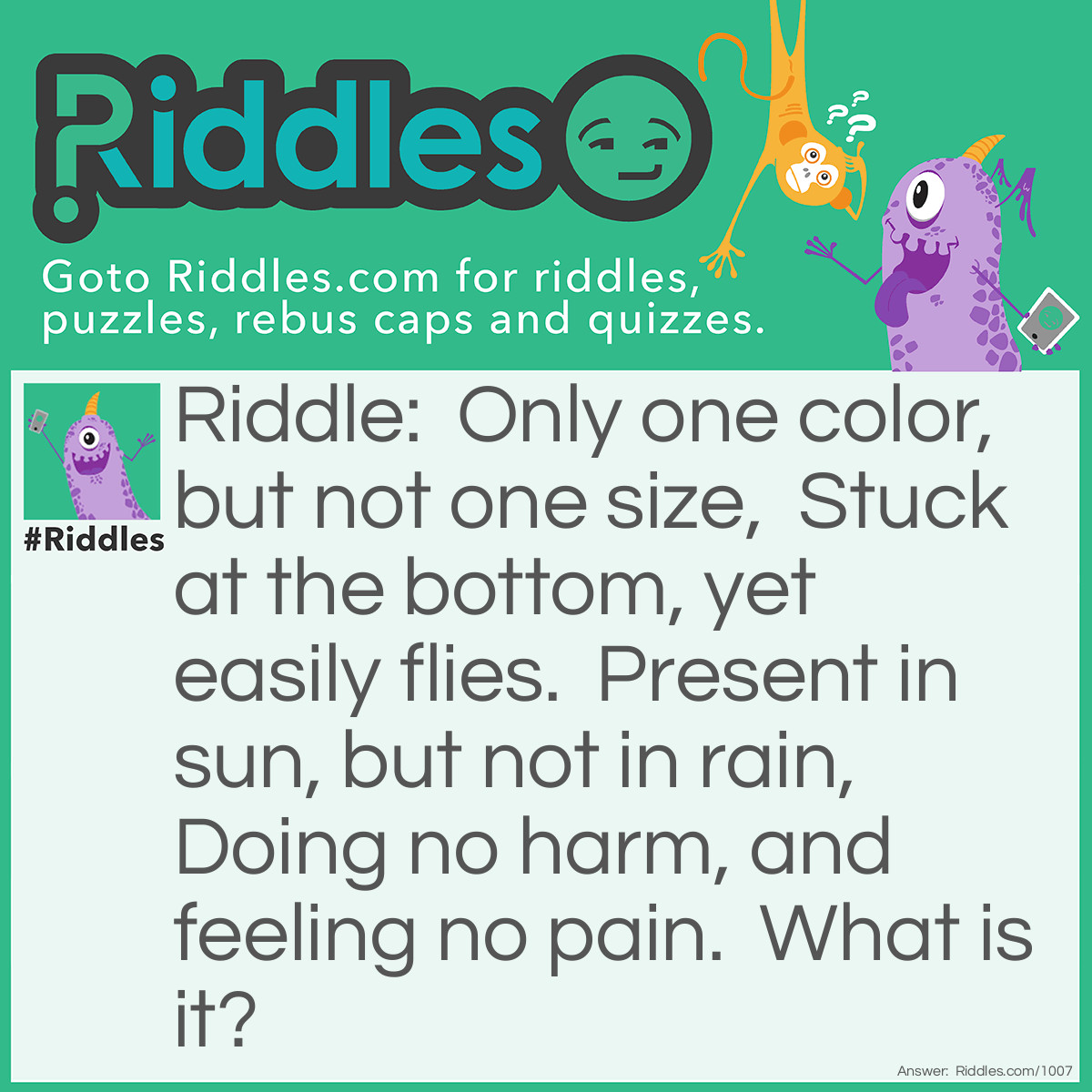Riddle: Only one color, but not one size,  Stuck at the bottom, yet easily flies.  Present in sun, but not in rain,  Doing no harm, and feeling no pain.  What is it? Answer: It's a shadow!