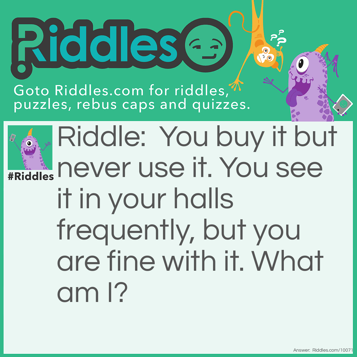 Riddle: You buy it but never use it. You see it in your halls frequently, but you are fine with it. What am I? Answer: A painting.