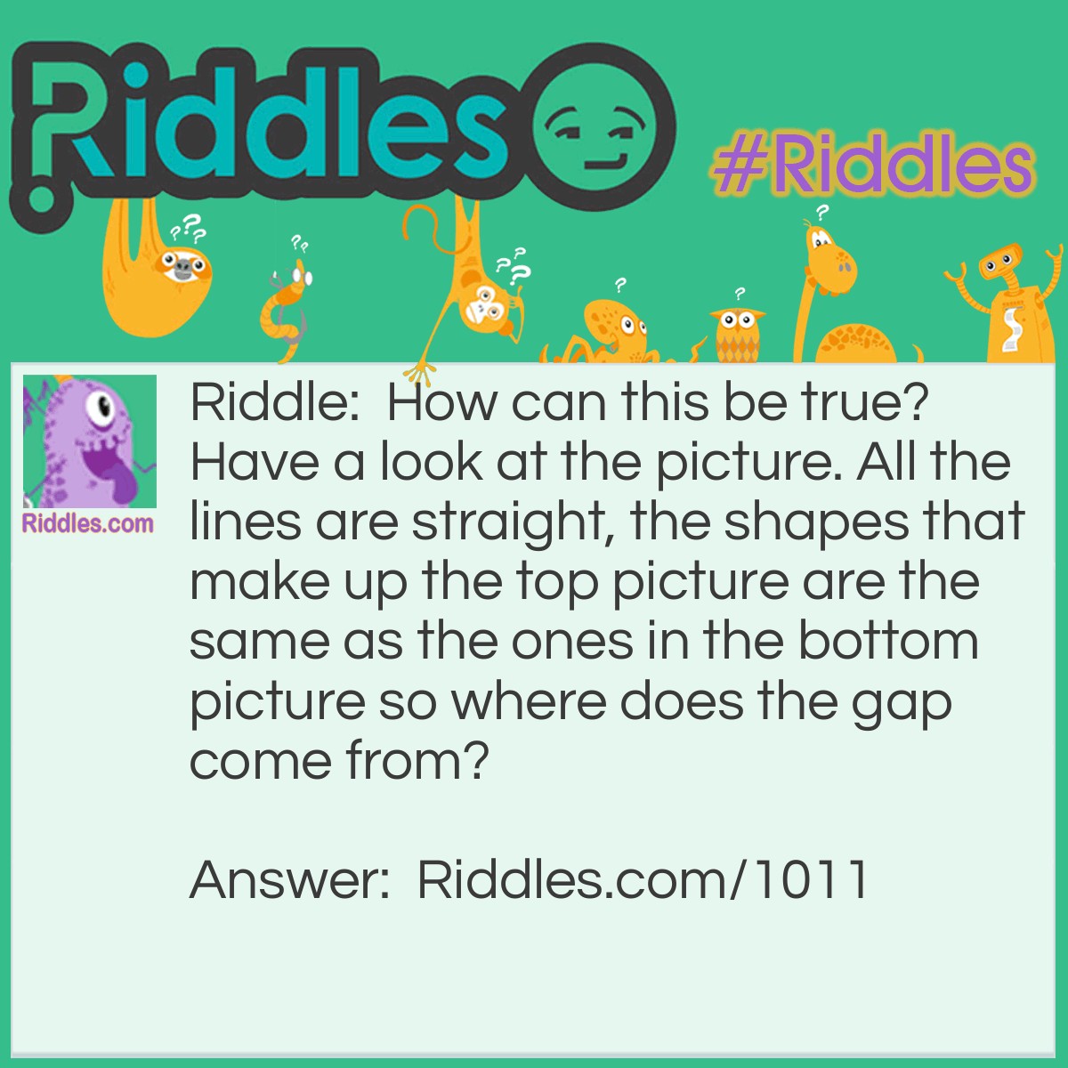 Riddle: How can this be true? Have a look at the picture. All the lines are straight, the shapes that make up the top picture are the same as the ones in the bottom picture so where does the gap come from? Answer: The green triangle has dimensions 2 x 5 and gradient 2 / 5 = 0.4  The red triangle has dimensions 3 x 8 and gradient 3 / 8 = 0.375  Hence the gradient of the green triangle is greater than that of the red triangle.