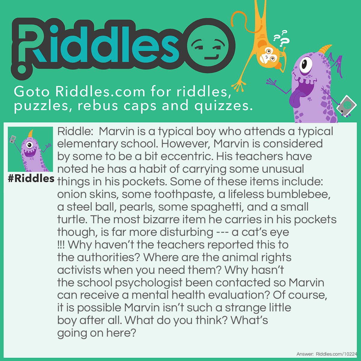 Riddle: Marvin is a typical boy who attends a typical elementary school. However, Marvin is considered by some to be a bit eccentric. His teachers have noted he has a habit of carrying some unusual things in his pockets. Some of these items include: onion skins, some toothpaste, a lifeless bumblebee, a steel ball, pearls, some spaghetti, and a small turtle. The most bizarre item he carries in his pockets though, is far more disturbing --- a cat's eye!!! Why haven't the teachers reported this to the authorities? Where are the animal rights activists when you need them? Why hasn't the school psychologist been contacted so Marvin can receive a mental health evaluation? Of course, it is possible Marvin isn't such a strange little boy after all. What do you think? What's going on here? Answer: Marvin loves to play the old game of marbles. He always carries some in his pockets, some of which include: onion skins (marbles with a swirled and layered design that resemble an onion); toothpaste (marbles with the colors of red, white, blue, black, and orange inside), bumblebee (a yellow marble with two black stripes on the sides), a ball bearing made of steel called a steelie), pearls (marbles with a mother-of-pearl coating), spaghetti (marbles with entwined lines inside them), a turtle (a marble with green and yellow wavy steaks), and a cat’s eye (a marble which closely resembles the eye of a cat).