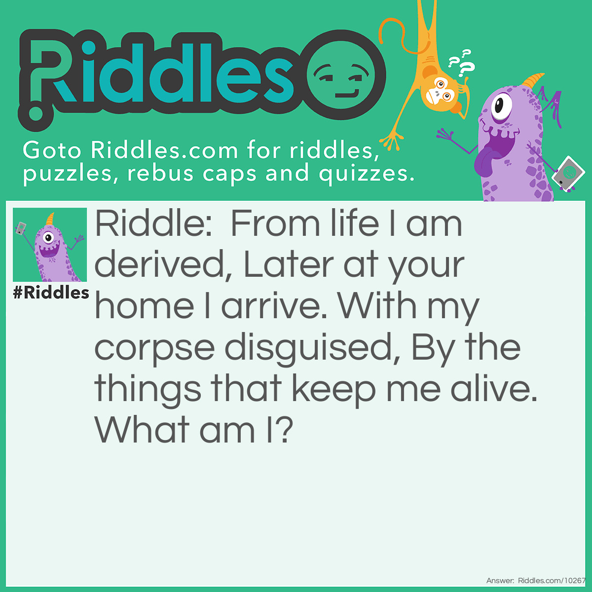 Riddle: From life I am derived, Later at your home I arrive. With my corpse disguised, By the things that keep me alive. What am I? Answer: A newspaper. ---- Edit: it has also been pointed out to me that a dead person in a urn is also an acceptable answer.