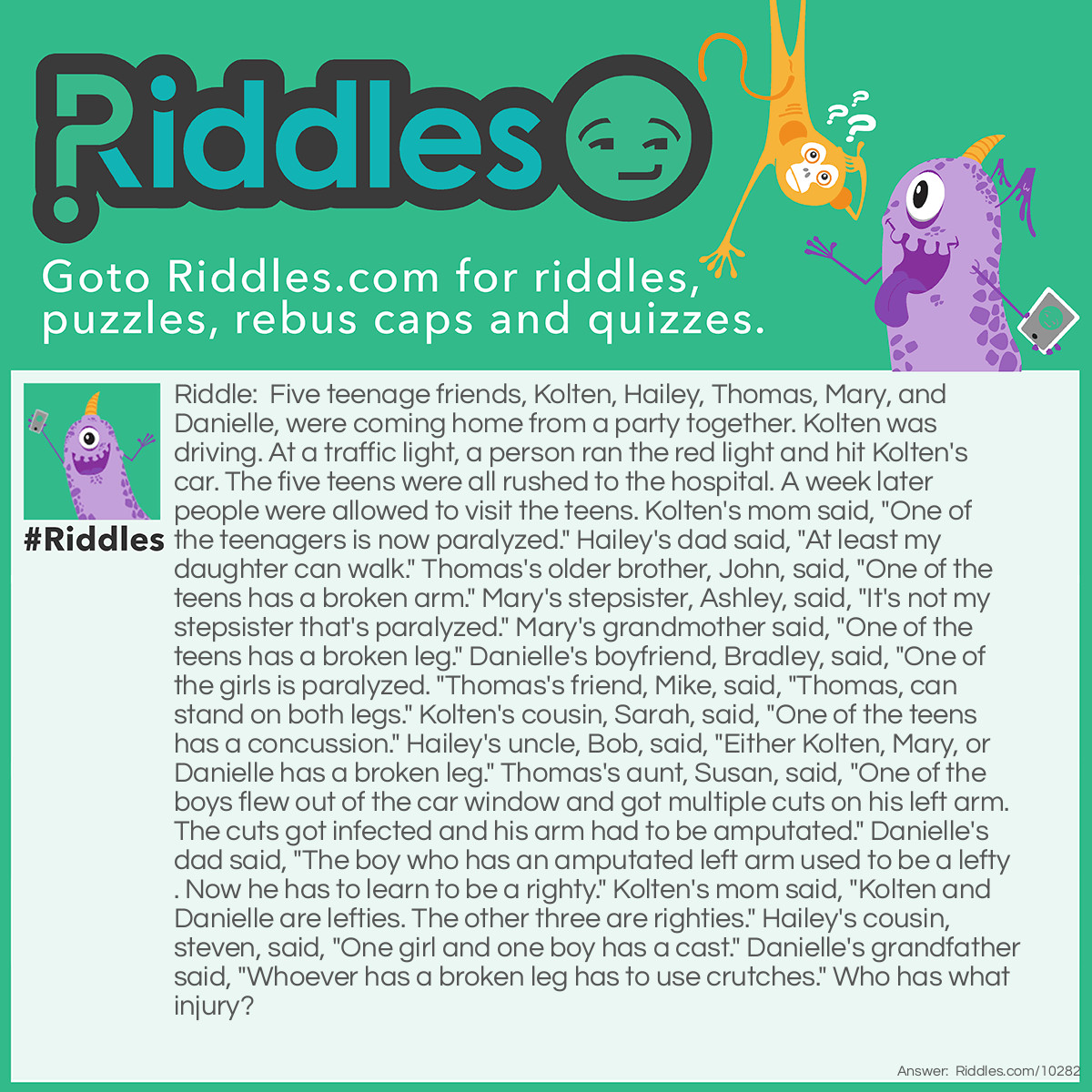 Riddle: Five teenage friends, Kolten, Hailey, Thomas, Mary, and Danielle, were coming home from a party together. Kolten was driving. At a traffic light, a person ran the red light and hit Kolten's car. The five teens were all rushed to the hospital. A week later people were allowed to visit the teens. Kolten's mom said, "One of the teenagers is now paralyzed." Hailey's dad said, "At least my daughter can walk." Thomas's older brother, John, said, "One of the teens has a broken arm." Mary's stepsister, Ashley, said, "It's not my stepsister that's paralyzed." Mary's grandmother said, "One of the teens has a broken leg." Danielle's boyfriend, Bradley, said, "One of the girls is paralyzed. "Thomas's friend, Mike, said, "Thomas, can stand on both legs." Kolten's cousin, Sarah, said, "One of the teens has a concussion." Hailey's uncle, Bob, said, "Either Kolten, Mary, or Danielle has a broken leg." Thomas's aunt, Susan, said, "One of the boys flew out of the car window and got multiple cuts on his left arm. The cuts got infected and his arm had to be amputated." Danielle's dad said, "The boy who has an amputated left arm used to be a lefty. Now he has to learn to be a righty." Kolten's mom said, "Kolten and Danielle are lefties. The other three are righties." Hailey's cousin, steven, said, "One girl and one boy has a cast." Danielle's grandfather said, "Whoever has a broken leg has to use crutches." Who has what injury? Answer: Hailey has a concussion, Danielle is paralyzed, Thomas has a broken arm, Mary has a broken leg, and Kolten has an amputated left arm.