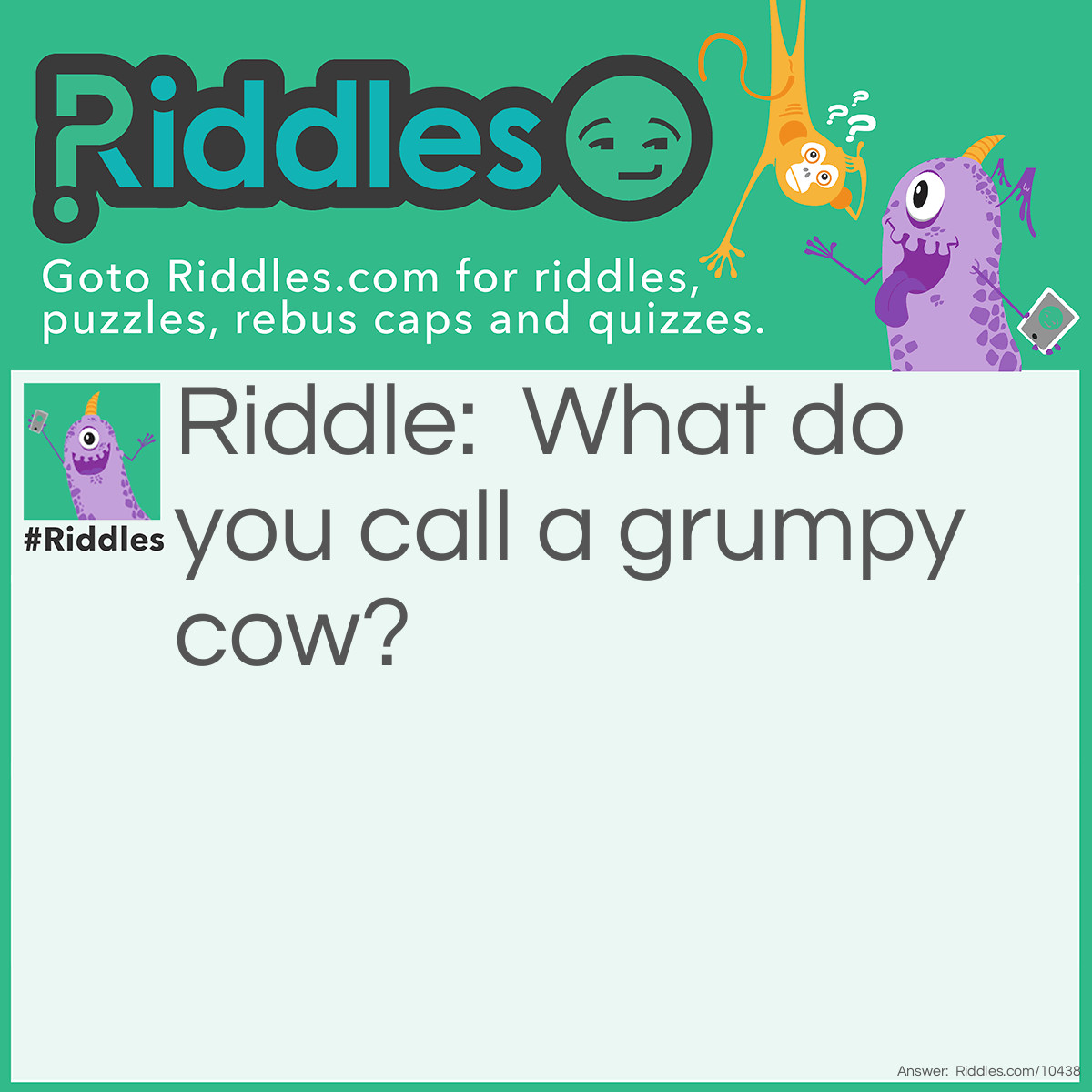 Riddle: What do you call a grumpy cow? Answer: MOO-DY.