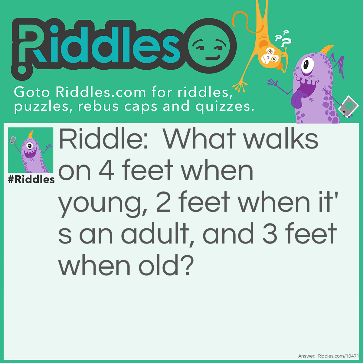 Riddle: What walks on 4 feet when young, 2 feet when it's an adult, and 3 feet when old? Answer: A human! A baby use it hands like legs, a adult walks on to feet, and a old person uses a cane to walk so it is 3 feet.