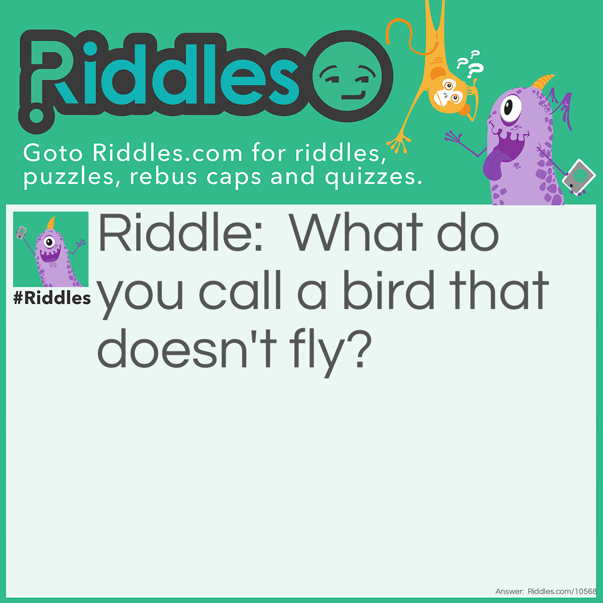 Riddle: What do you call a bird that doesn't fly? Answer: A grounded bird.