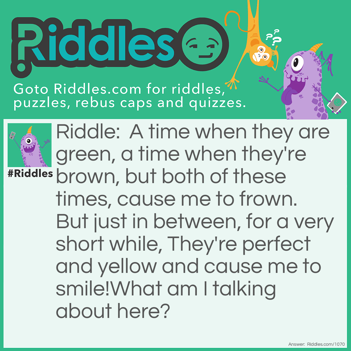 Riddle: A time when they are green, a time when they're brown, but both of these times, cause me to frown. But just in between, for a very <a href="/short-riddles">short</a> while, They're perfect and yellow and cause me to smile!
What am I talking about here? Answer: Bananas.