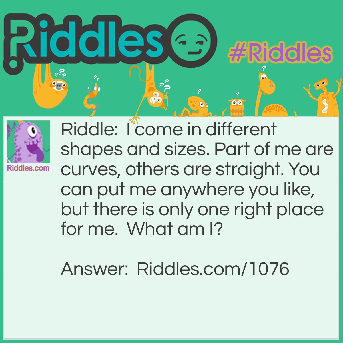 Riddle: I come in different shapes and sizes. Part of me are curves, others are straight. You can put me anywhere you like, but there is only one right place for me.  What am I? Answer: A Jigsaw Puzzle Piece.