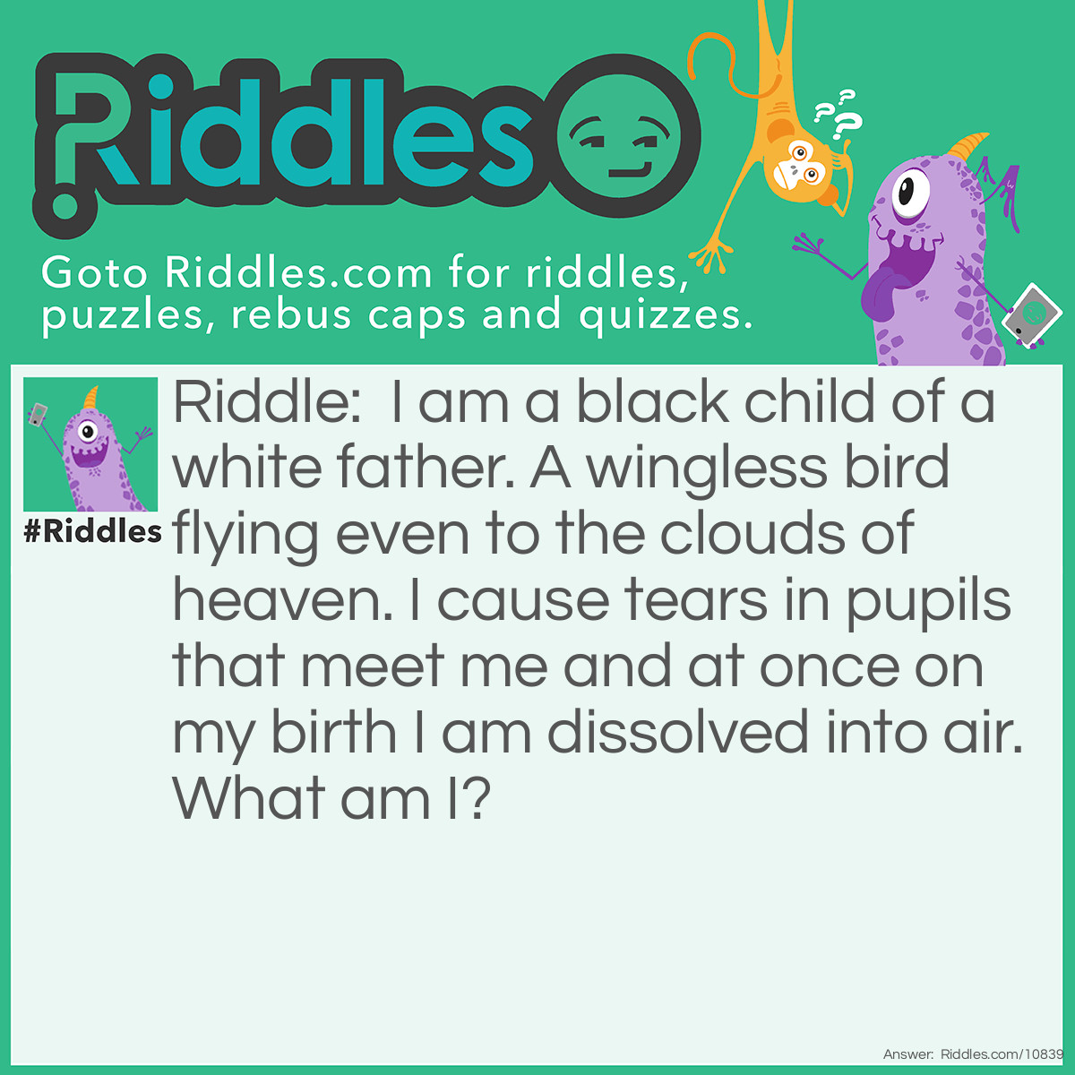 Riddle: I am a black child of a white father. A wingless bird flying even to the clouds of heaven. I cause tears in pupils that meet me and at once on my birth I am dissolved into air. What am I? Answer: Smoke.