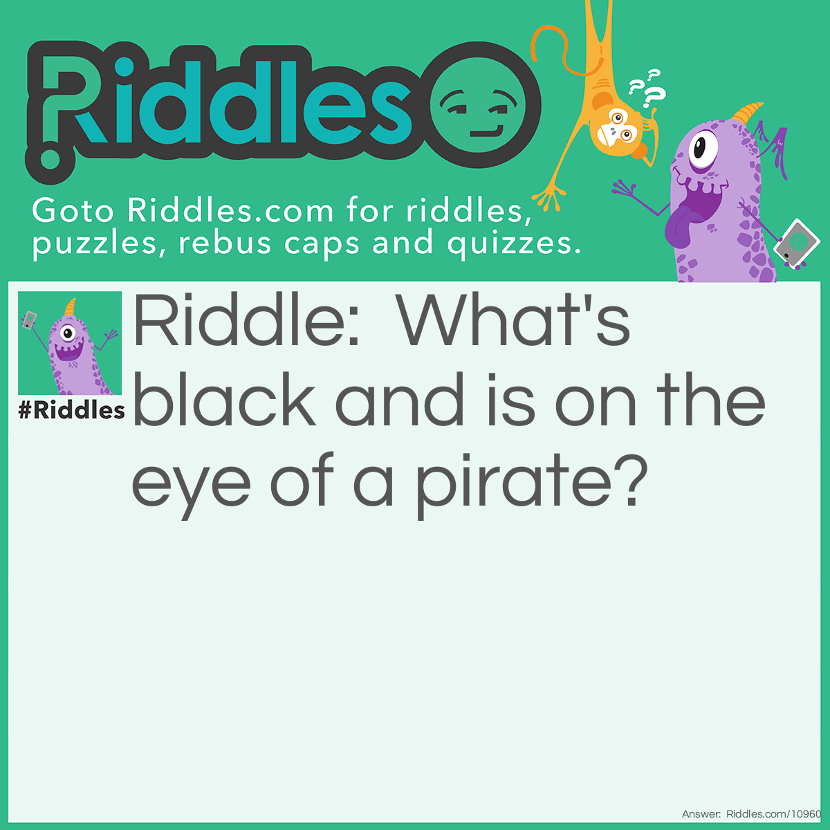 Riddle: What's black and is on the eye of a pirate? Answer: Eyepatch.
