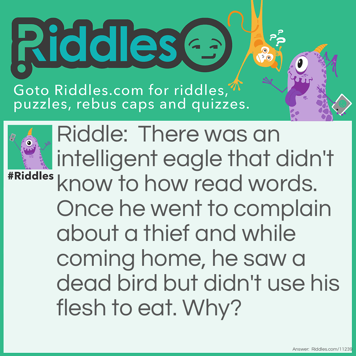 Riddle: There was an intelligent eagle that didn't know to how read words. Once he went to complain about a thief and while coming home, he saw a dead bird but didn't use his flesh to eat. Why? Answer: Because he saw the police station and it is ill-eagle.