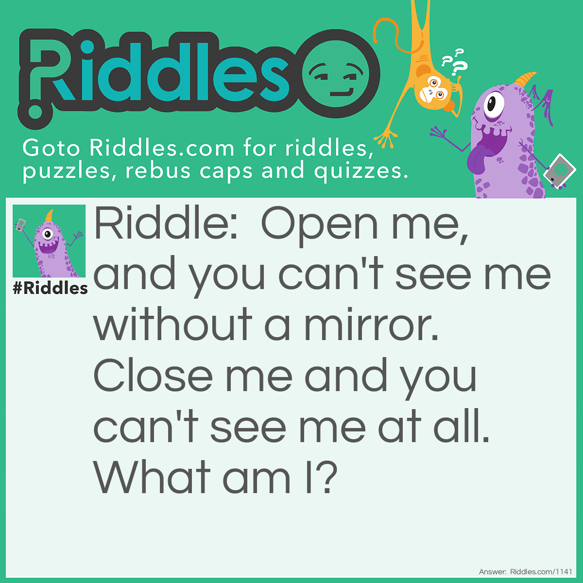 Riddle: Open me, and you can't see me without a mirror. Close me and you can't see me at all.
What am I? Answer: Your eyes.