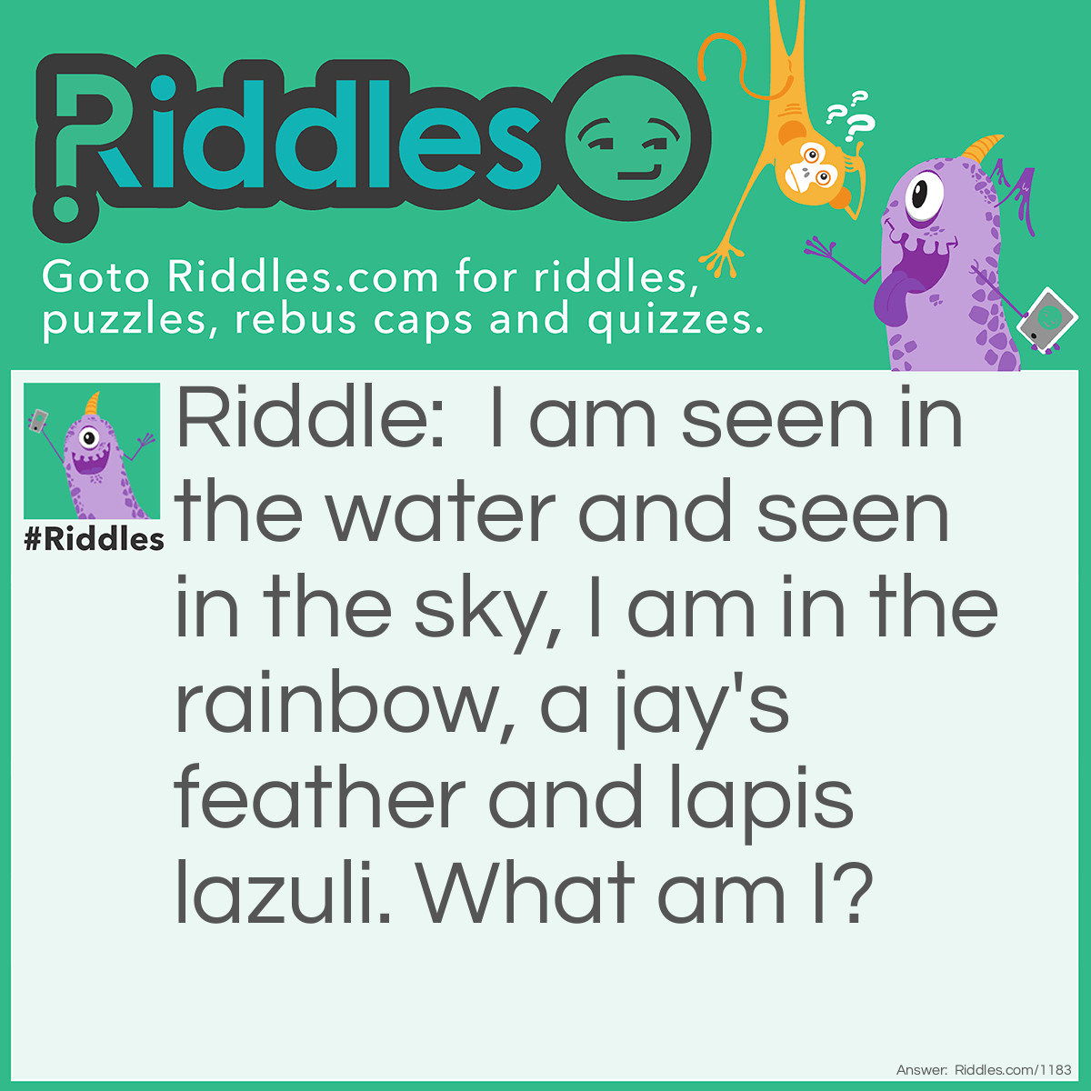 Riddle: I am seen in the water and seen in the sky, I am in the rainbow, a jay's feather, and lapis lazuli. What am I? Answer: The color blue.