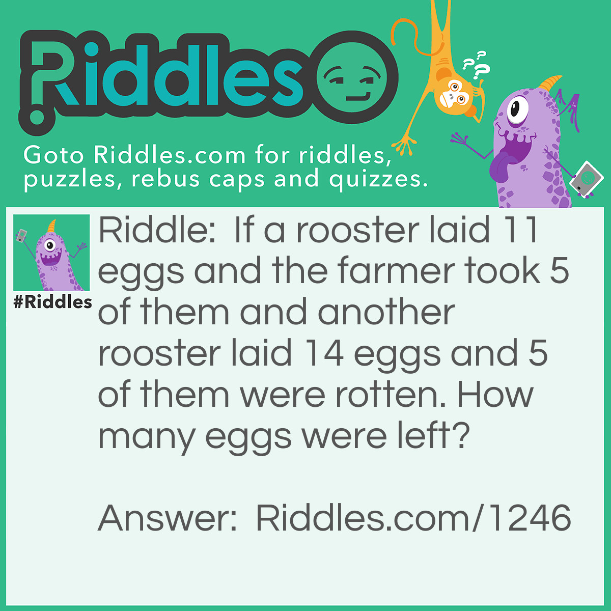 Riddle: If a rooster laid 11 eggs and the farmer took 5 of them and another rooster laid 14 eggs and 5 of them were rotten. How many eggs were left? Answer: 0, Roosters don't lay eggs.