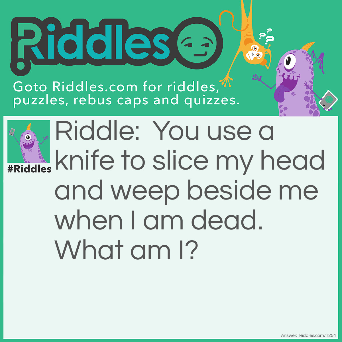 Riddle: You use a knife to slice my head and weep beside me when I am dead.
What am I? Answer: An onion.