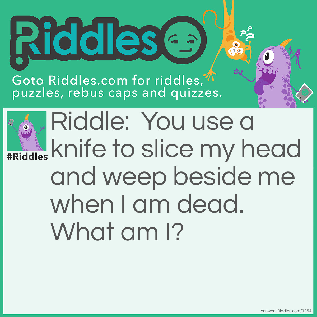 Riddle: You use a knife to slice my head and weep beside me when I am dead.
What am I? Answer: An onion.