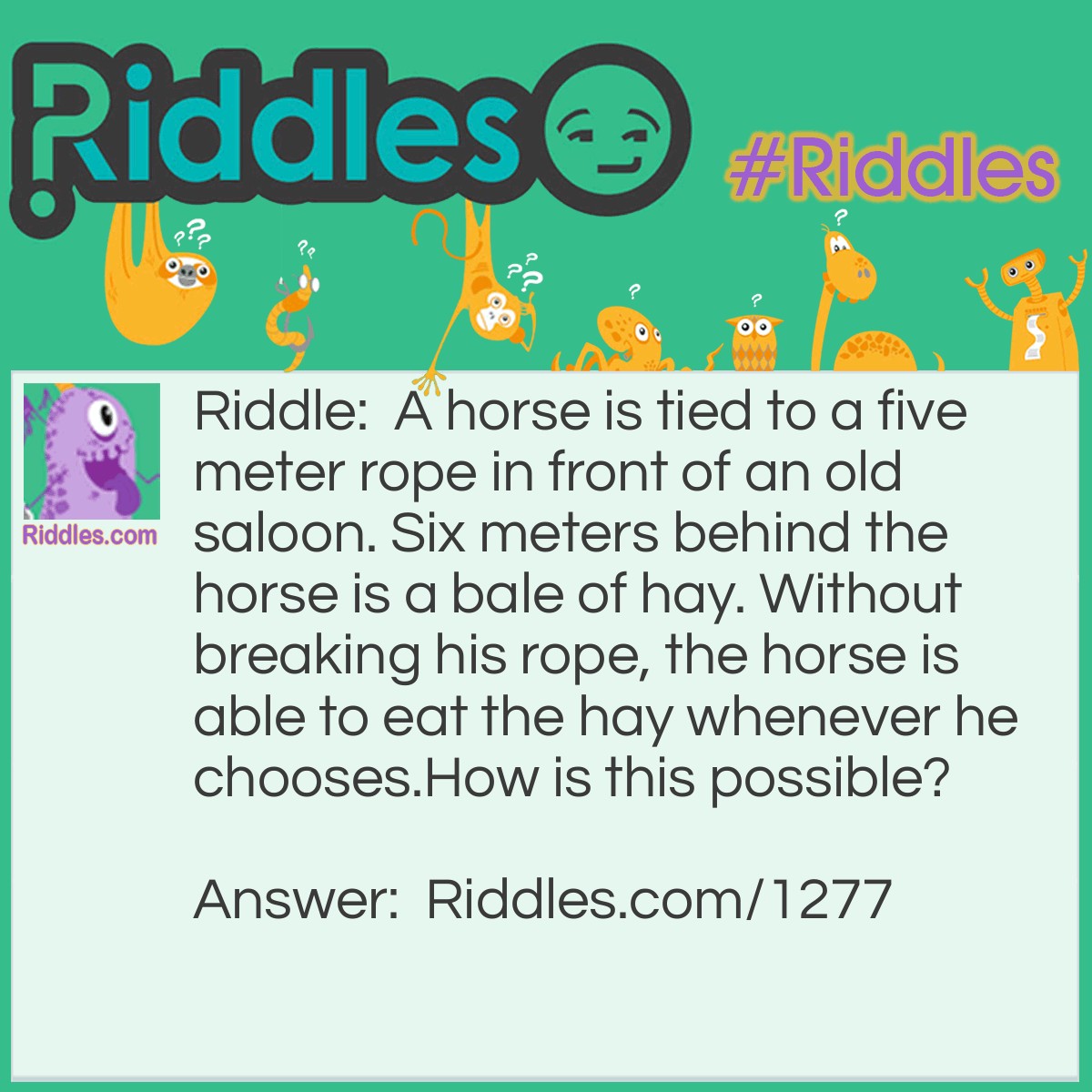 Riddle: A horse is tied to a five meter rope in front of an old saloon. Six meters behind the horse is a bale of hay. Without breaking his rope, the horse is able to eat the hay whenever he chooses.
How is this possible? Answer: The rope is not tied to anything else.