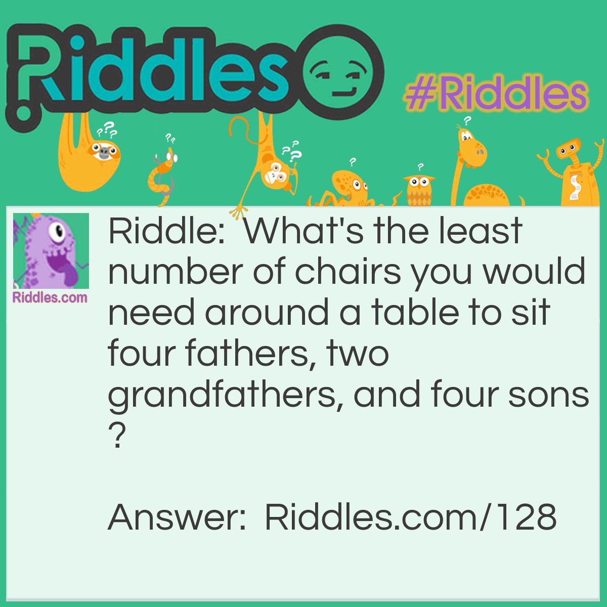 Riddle: What's the least number of chairs you would need around a table to sit four fathers, two grandfathers, and four sons? Answer: Four. The four fathers could be grandfathers and are definitely sons already.