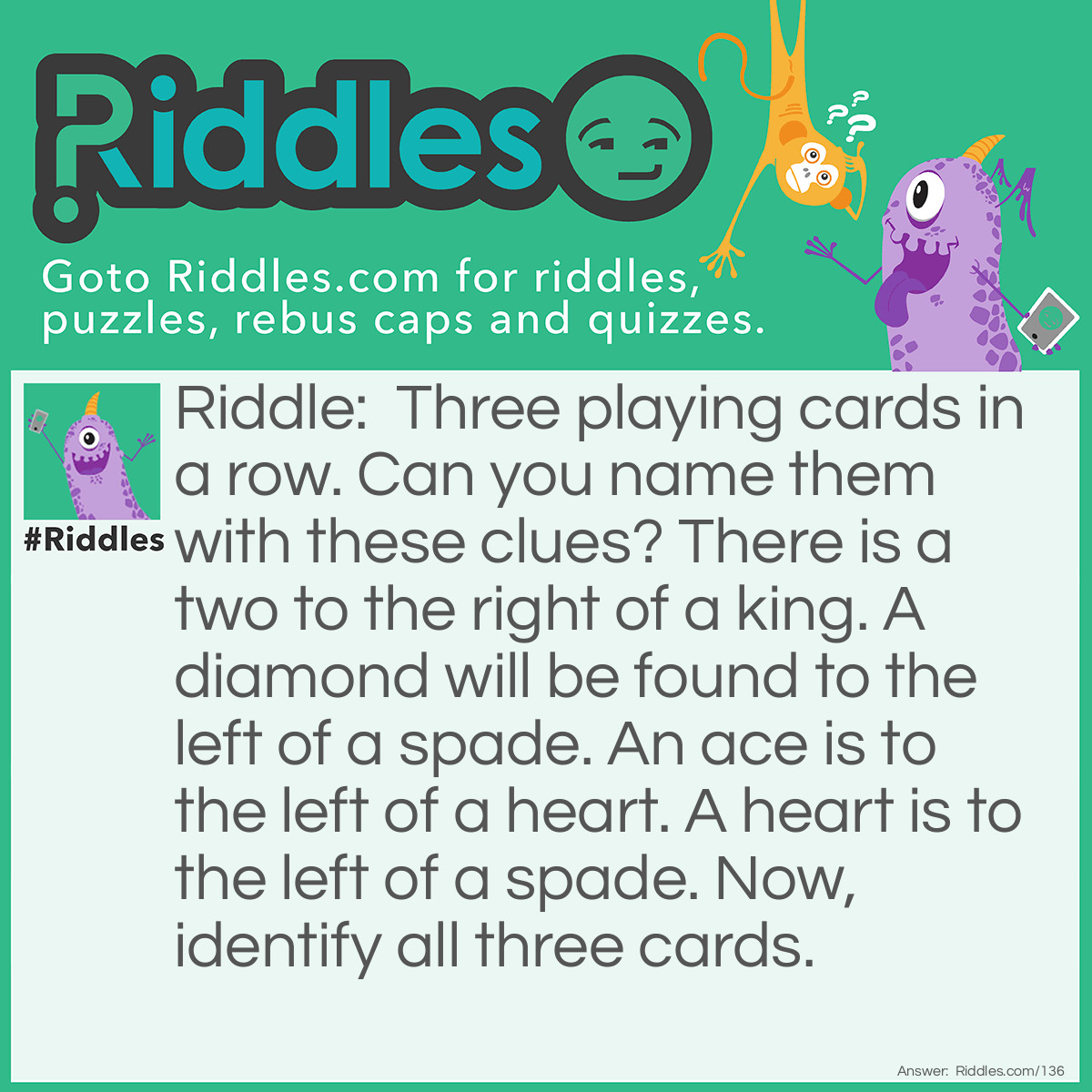 Riddle: Three playing cards in a row. Can you name them with these clues? There is a two to the right of a king. A diamond will be found to the left of a spade. An ace is to the left of a heart. A heart is to the left of a spade. Now, identify all three cards. Answer: Ace of Diamonds, King of Hearts, Two of Spades.