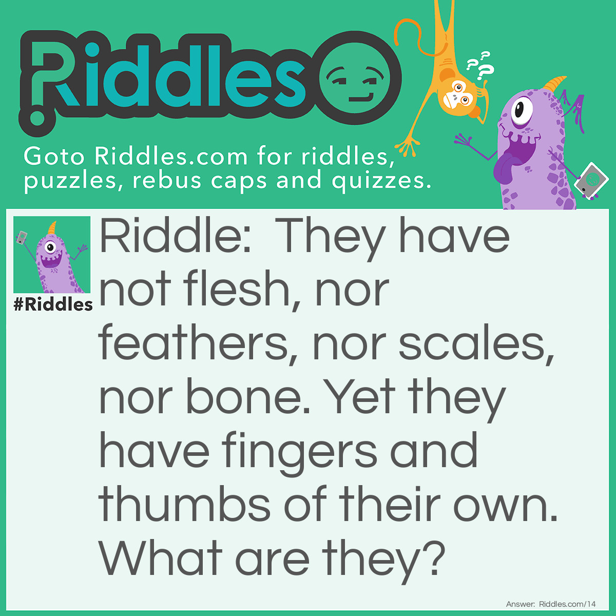 Riddle: They have not flesh, nor feathers, nor scales, nor bone. Yet they have fingers and thumbs of their own. What are they? Answer: Gloves.