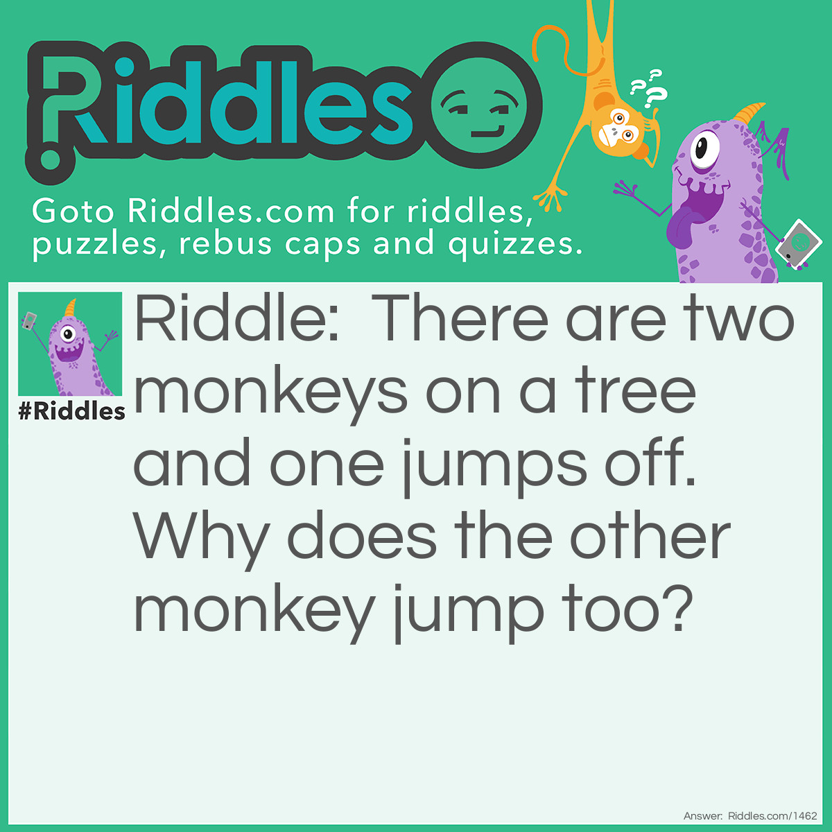 Riddle: There are two monkeys on a tree and one jumps off. Why does the other monkey jump too? Answer: Monkey see monkey do.