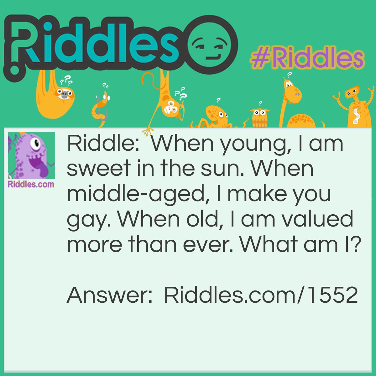 Riddle: When young, I am sweet in the sun. When middle-aged, I make you gay. When old, I am valued more than ever. What am I? Answer: Wine
