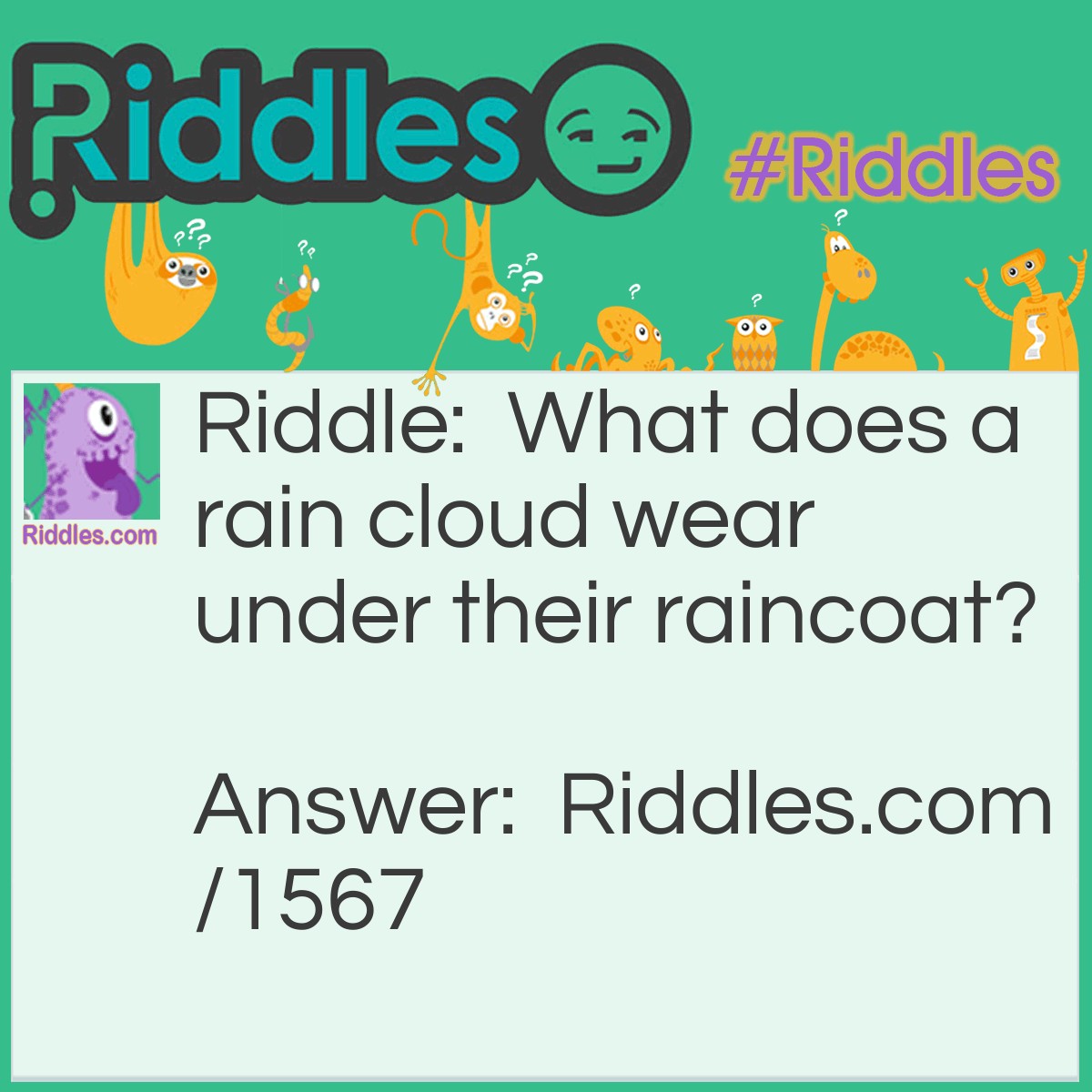 Riddle: What does a rain cloud wear under their raincoat? Answer: Thunderware.