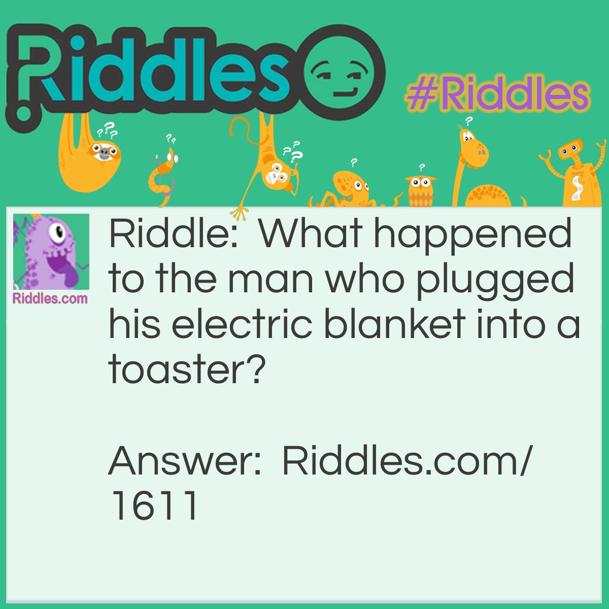 Riddle: What happened to the man who plugged his electric blanket into a toaster? Answer: He kept popping out of bed.